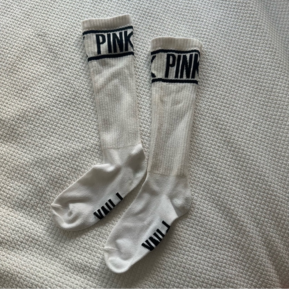 Victoria’s Secret Pink white tube socks black letters one size